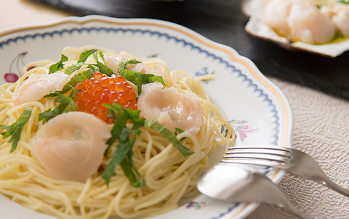 ホタテとイクラの和風パスタ