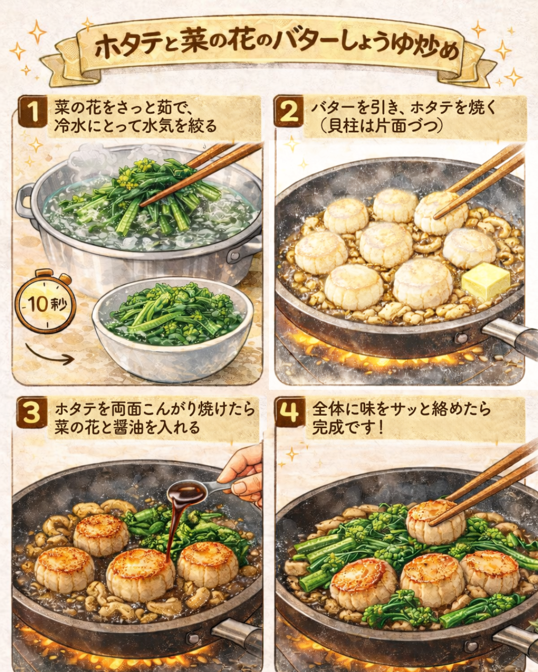 ホタテと菜の花のバター醤油炒め作り方