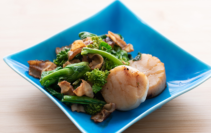 菜の花とホタテのバターしょうゆ焼き