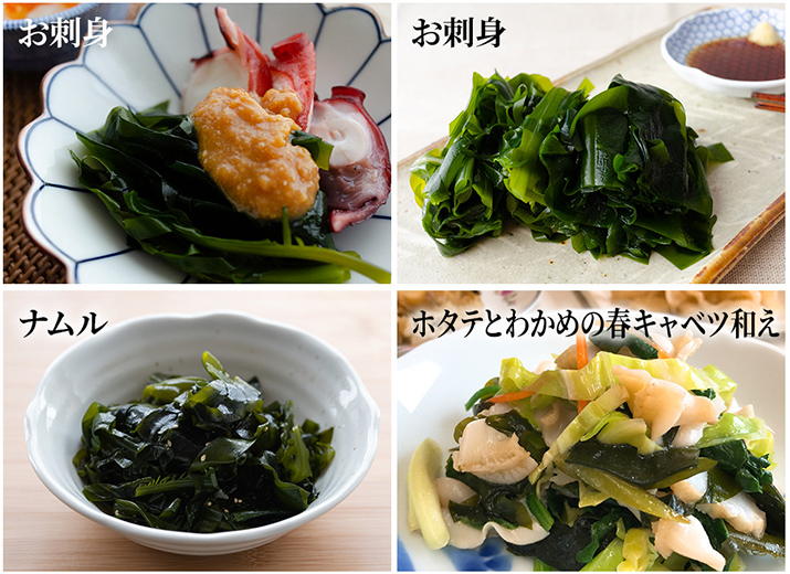 生わかめの調理例　お刺身、お刺身、ナムル、ホタテとわかめの春キャベツ和え